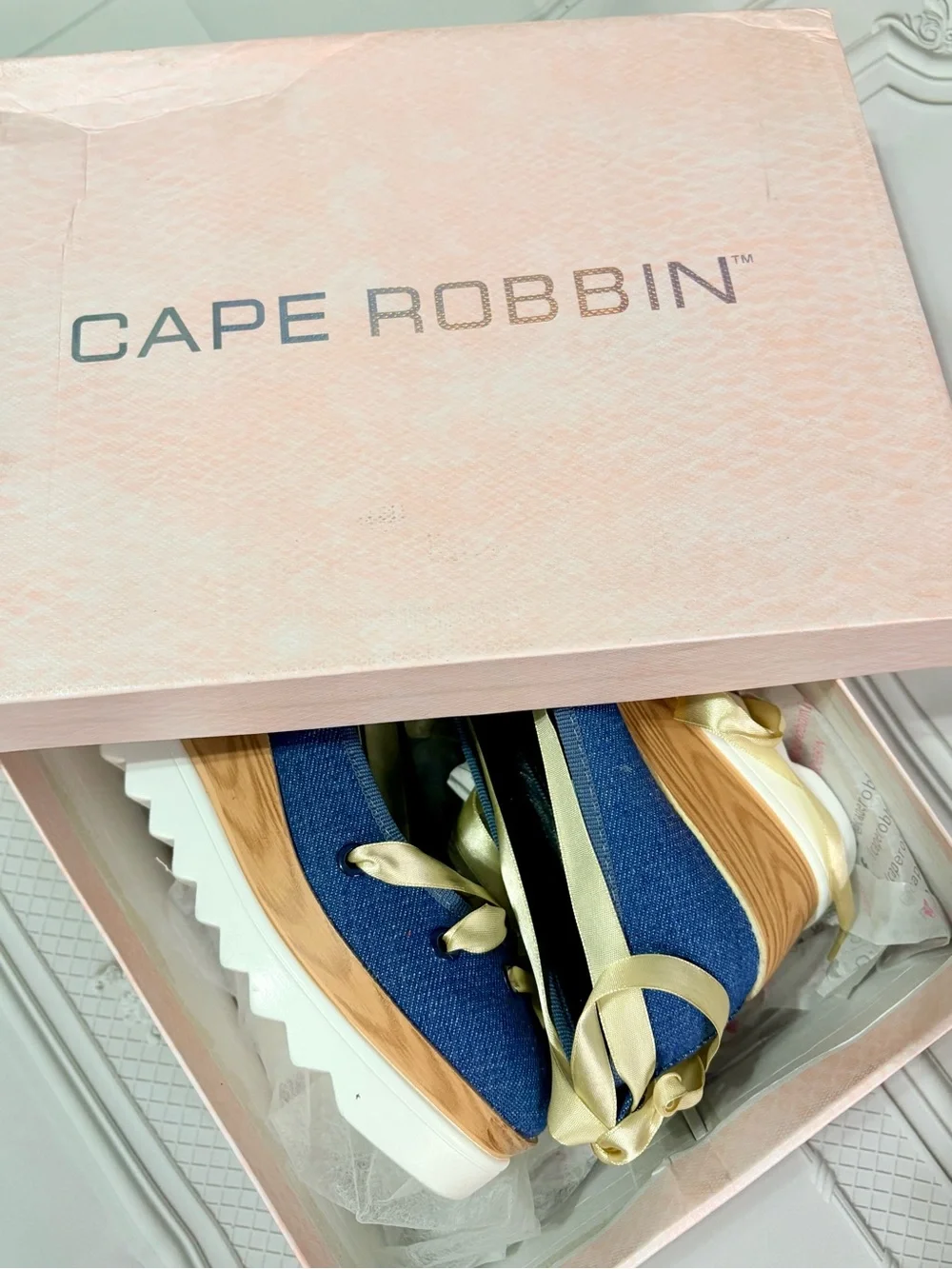 Cape Robbin Denim Blue Ballet Flats with Cream Ribbon